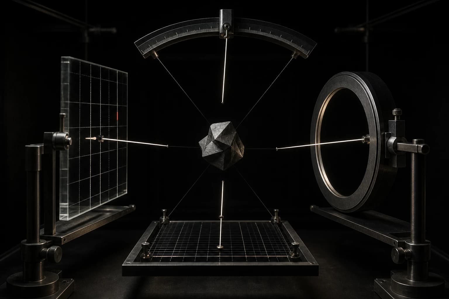 Four precision instruments point in different directions around the same suspended dark object in a black measurement chamber