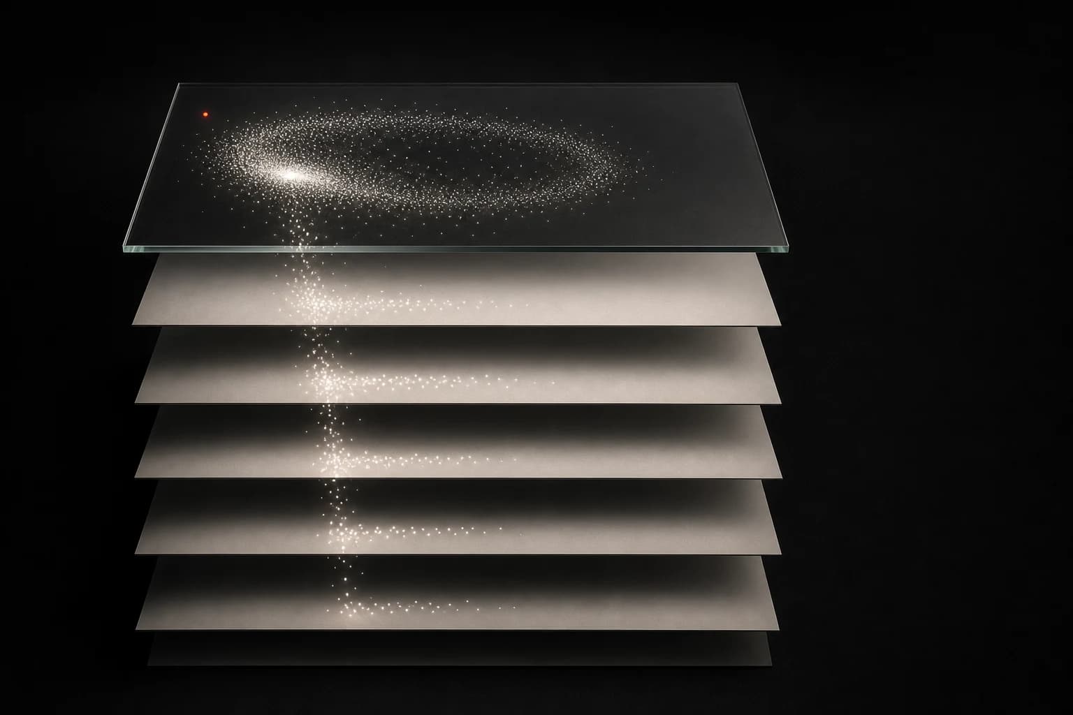 White gaze particles cluster over the top glass panel of a blank search stack before thinning across the panels below