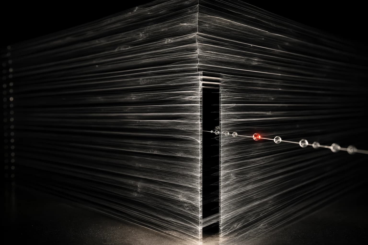 One red-lit glass fragment emerges along a fine silver thread from a vast sealed archive of dark translucent layers