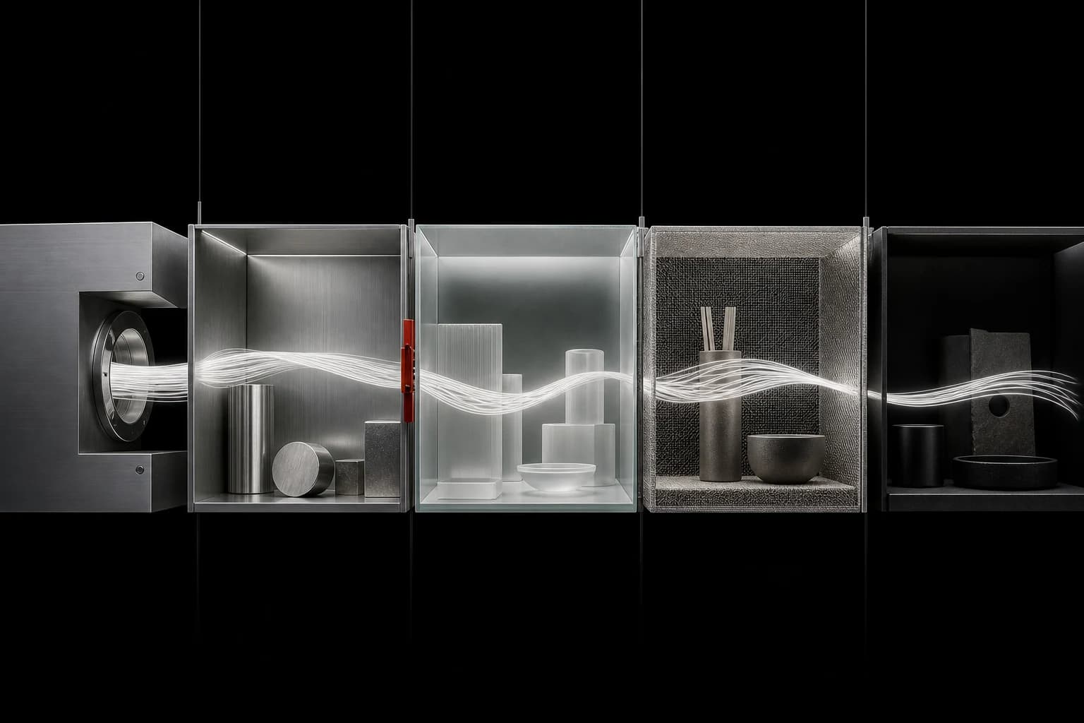 A white work filament crosses a row of distinct silver, glass, mesh and ceramic chambers, with one restrained red hinge marking the first boundary