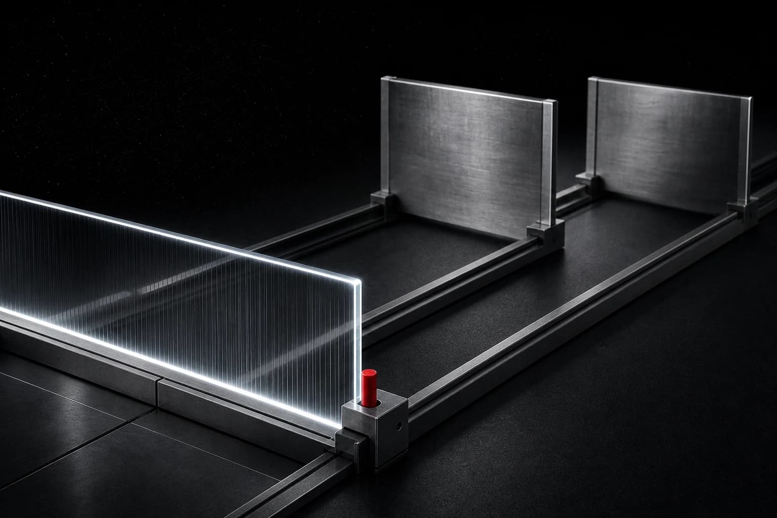 Two heavy silver compliance gates sit farther down their rails while a nearer transparent threshold remains active under a small red locking pin