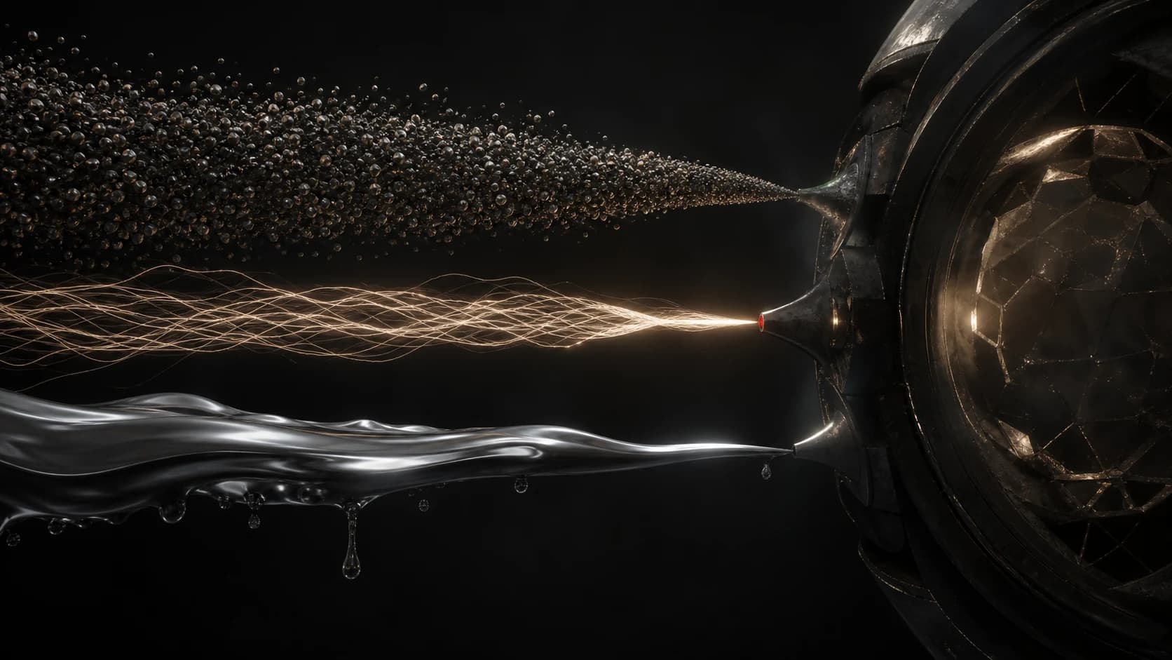 Three interrupted streams of material, light and liquid feed an unfinished machine in darkness, representing Europe’s compute, energy and capital constraints