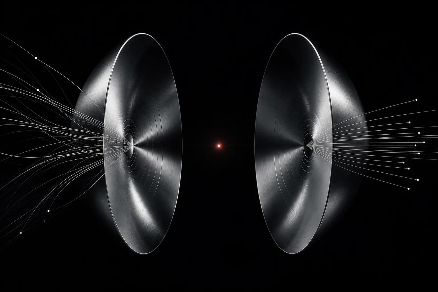 Two silver arcs exchange fine luminous currents around a suspended red pulse in a black field