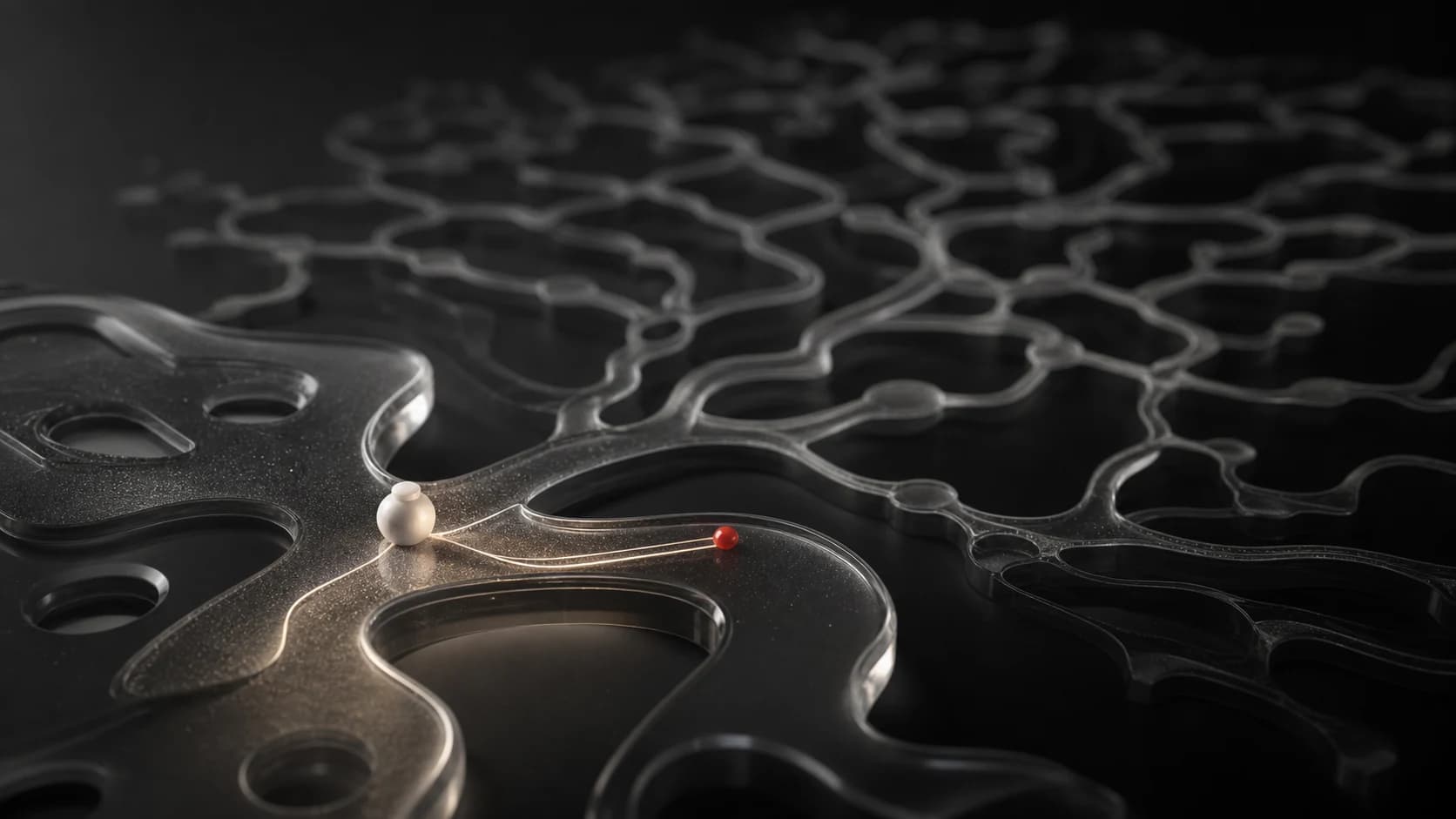 A pale piece follows one of a few short paths across abstract game boards while a much deeper tree fades into darkness behind it