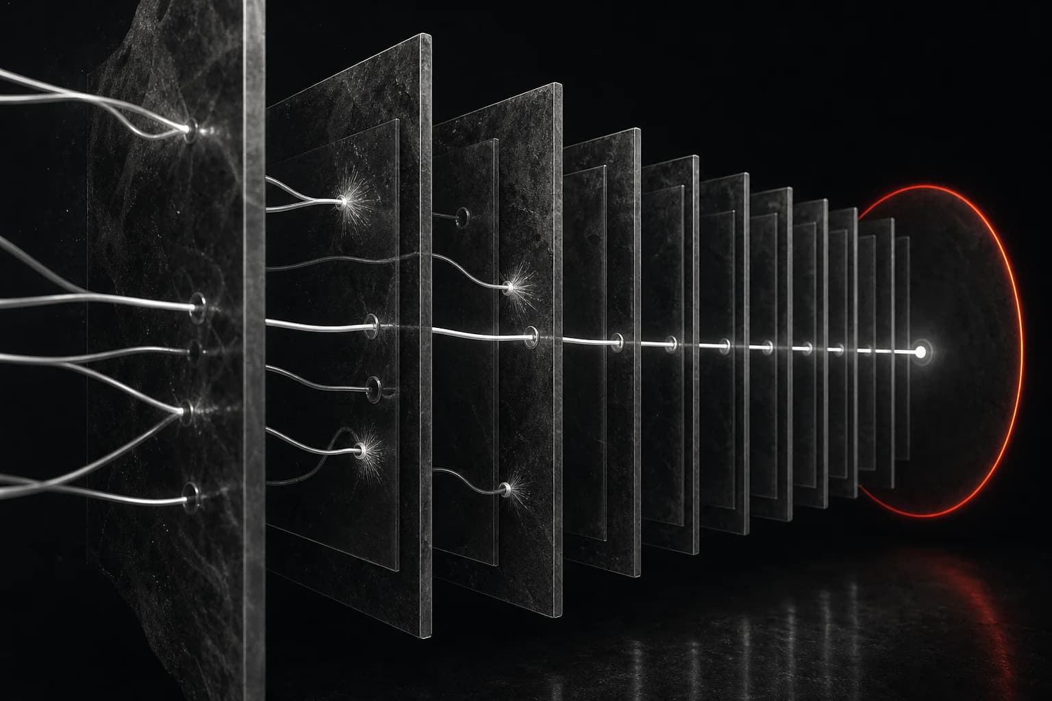 Several silver traces stop inside a layered graphite network while one white path reaches the far side through a restrained red containment ring