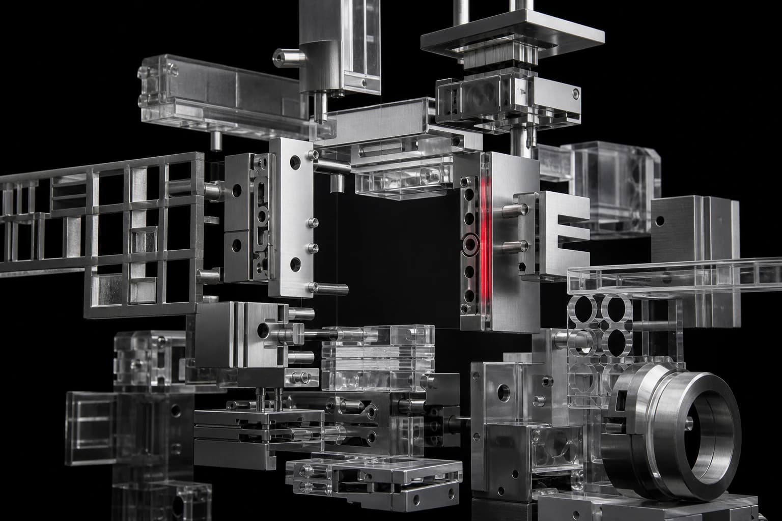 Many brushed-silver and transparent modules assemble around an open central space, joined by one narrow red seam