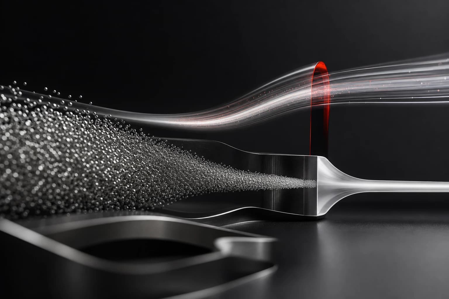 A dense field of silver particles narrows into an efficient white stream while a separate fast path passes through one red acceleration gate