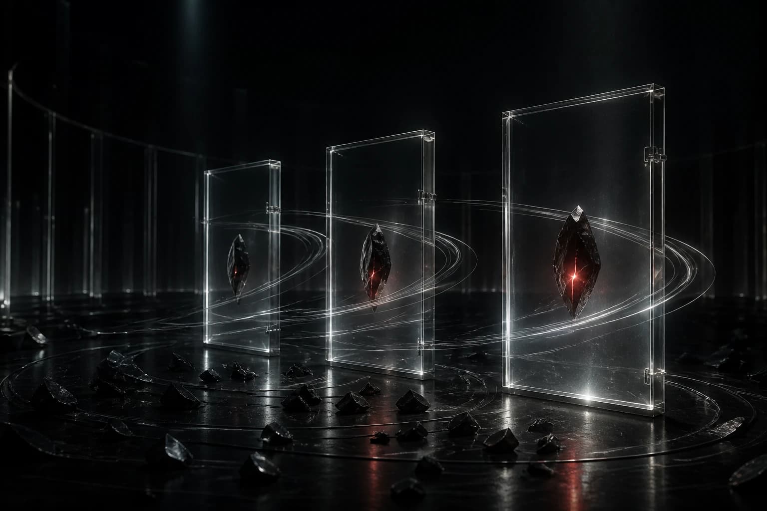 A red-fractured obsidian shard grows brighter as it passes through three translucent memory frames linked by silver loops