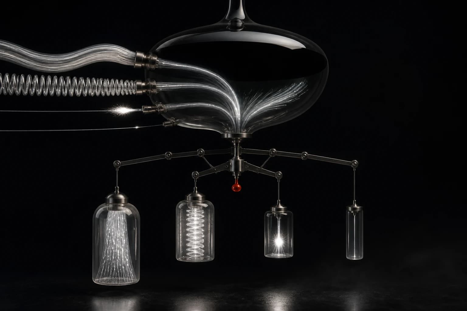 Four different silver request filaments enter a black glass vessel and emerge as unequal suspended energy weights balanced by one red counterweight