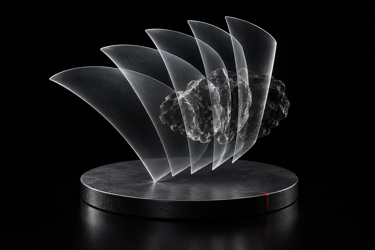 Five curved translucent silver sheets intersect an unresolved mineral volume above a graphite disc with a small red sampling-edge marker
