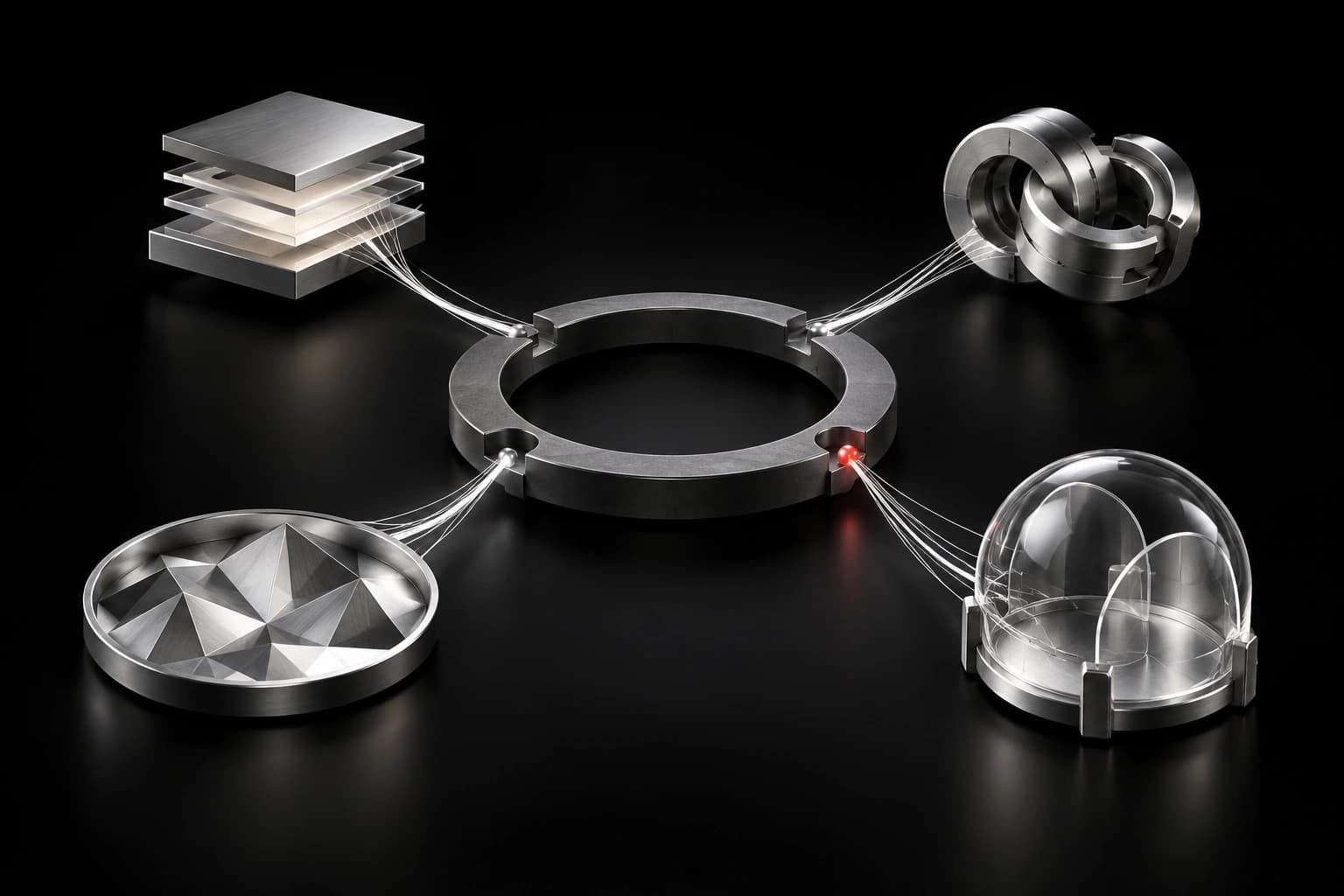 Four distinct silver mechanisms connect by white filaments to an open central ring, with one small red junction.