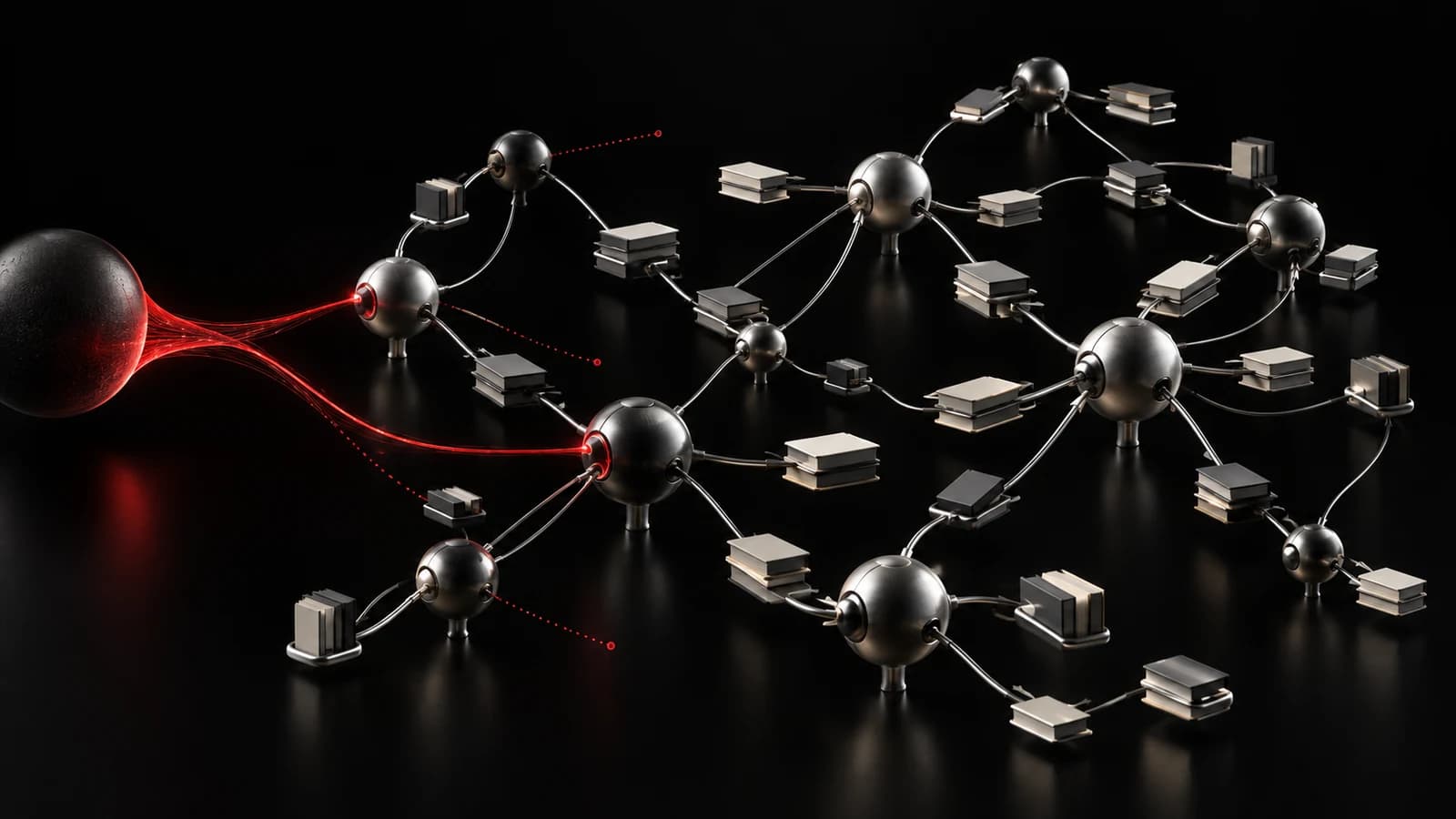 Red preference signals enter a dark network of silver trading nodes connected to small book forms, with several signals stopping before the wider market
