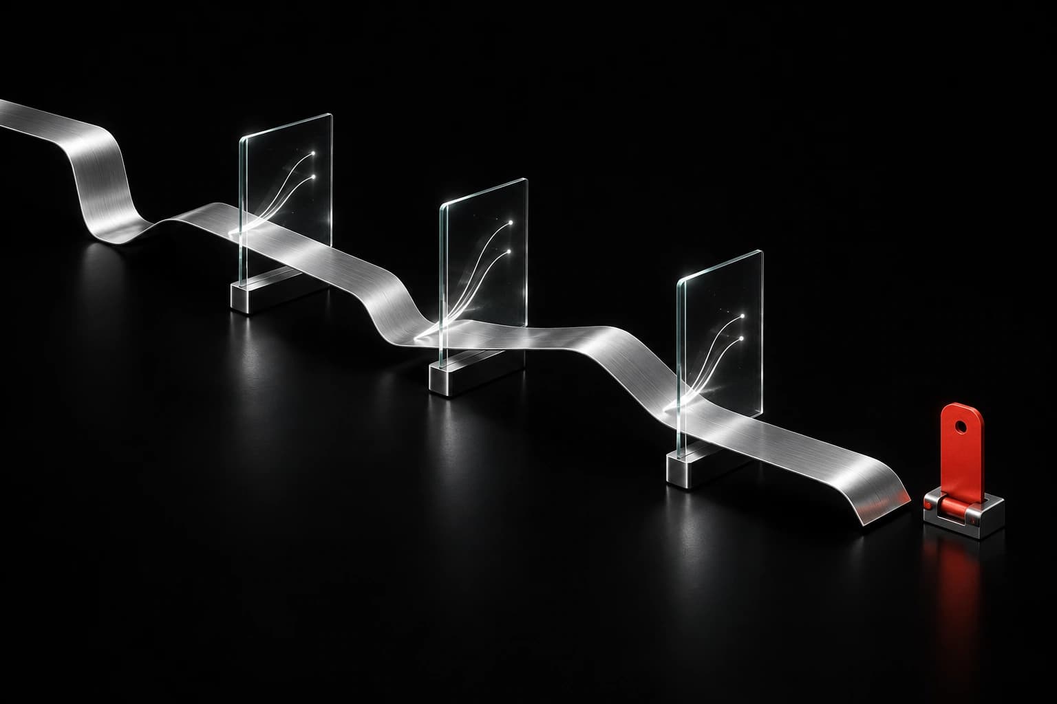 A silver ribbon travels alongside separate glass inspection plates, with fine white observation traces and a small red disconnect tab beyond them.