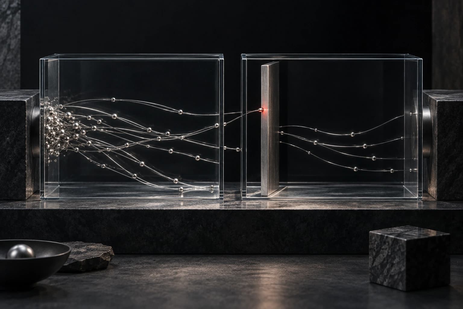 Silver filaments cross two glass test chambers; a metal gate intercepts one at a small red point