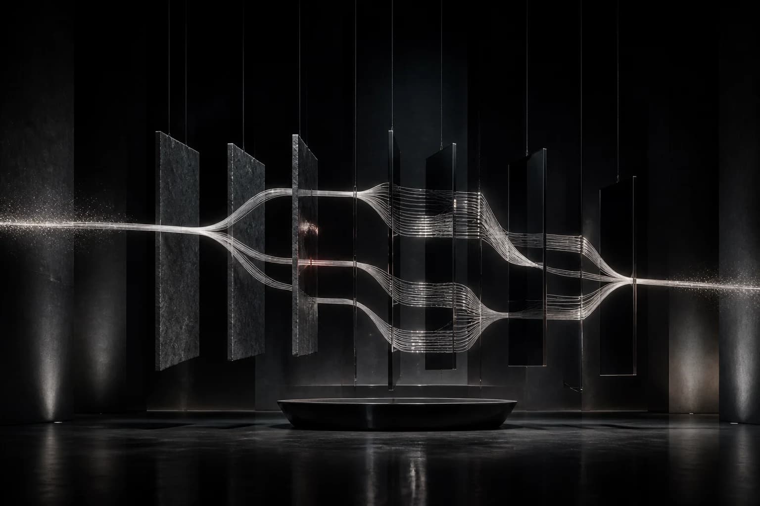 A silver task filament splits across suspended graphite and black-glass planes before joining again