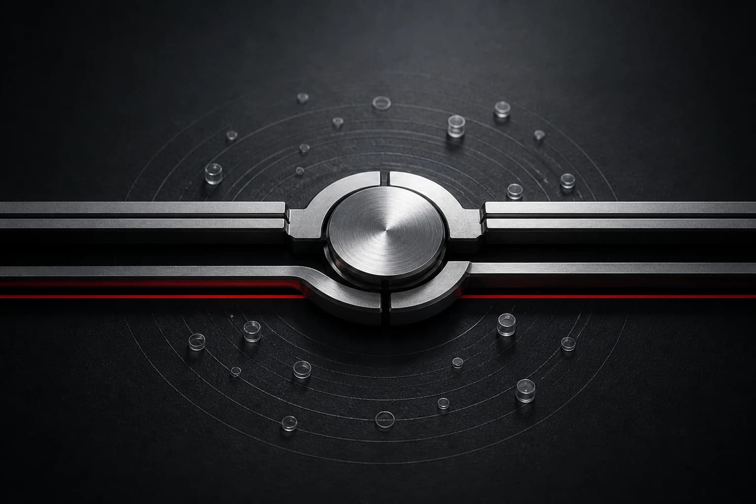 Two silver negotiation rails lock at a central seal while one thin rail falls beneath a restrained red loss line