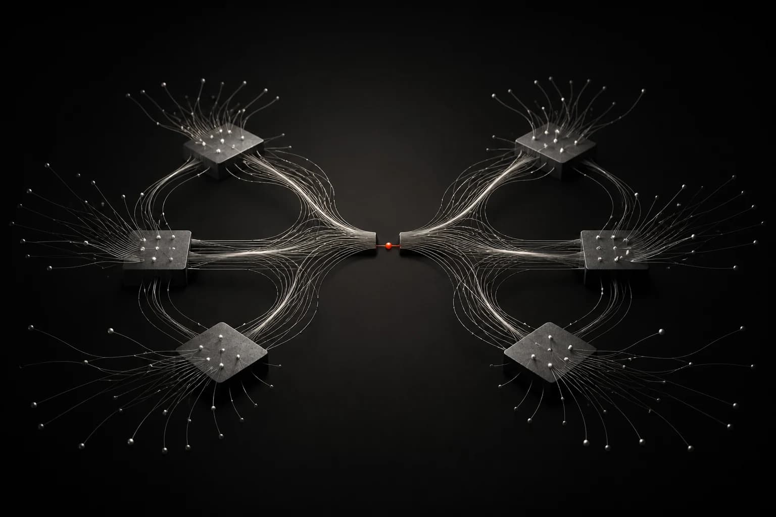 A field of silver work paths divides across a black space, with a small unconnected red junction at the centre and shared graphite slabs linking some of the paths