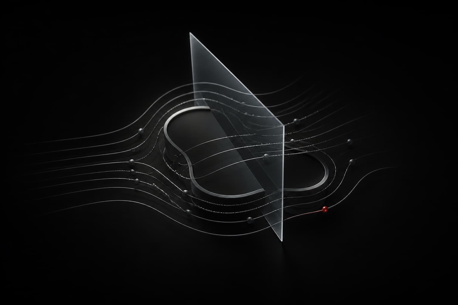 A translucent silver rule plane passes through a black field while several graphite detection paths follow a nearby scenario shape instead of the plane, with one restrained red divergence