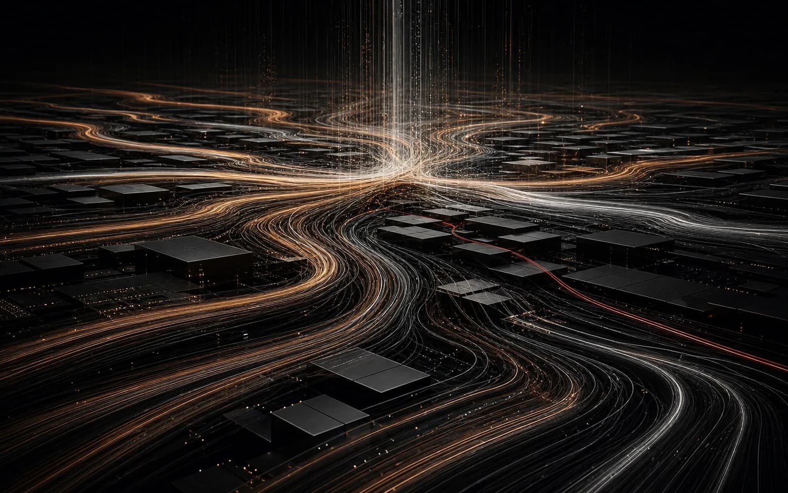 Copper and silver energy lines flowing through a dark grid