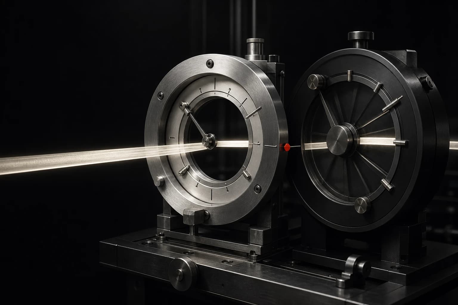 An ivory ribbon passes through two different black and silver measuring instruments separated by a small red calibration marker