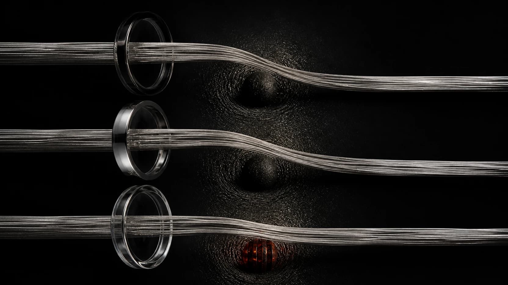 Three silver currents bend through glass rings while only the final ring reveals the restrained red force pulling beneath the surface and the last current bends less