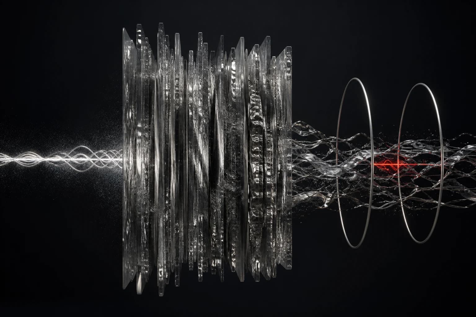 A clean silver audio signal passes through dense glass broadcast layers and emerges fragmented beside a red uncertain pulse