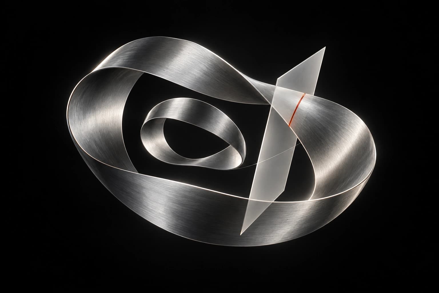 A looping silver ribbon passes through a translucent inspection plane, with a narrow red line marking their intersection against a black field