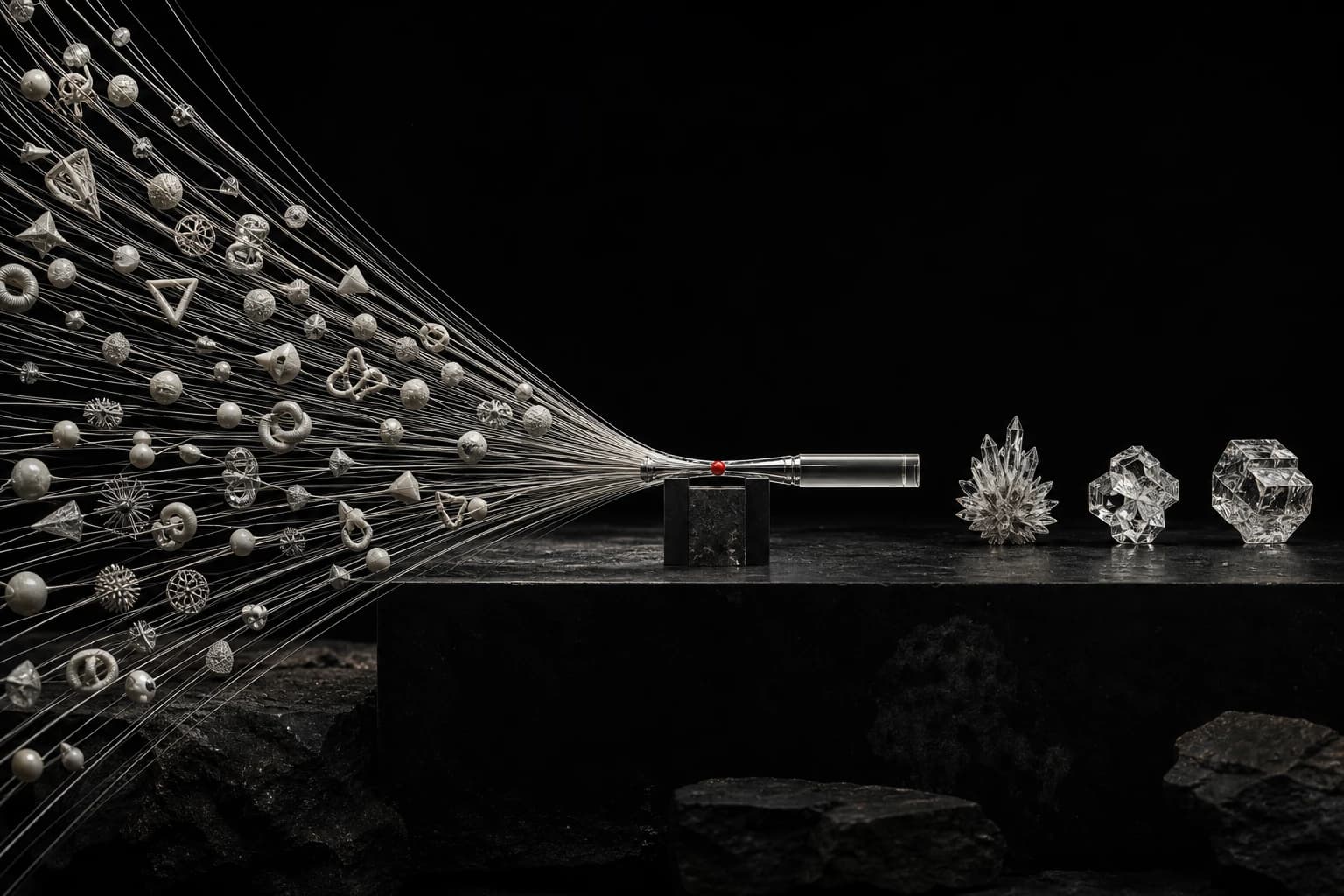 Many delicate silver hypothesis forms converge on one narrow glass test channel before three solid crystals emerge