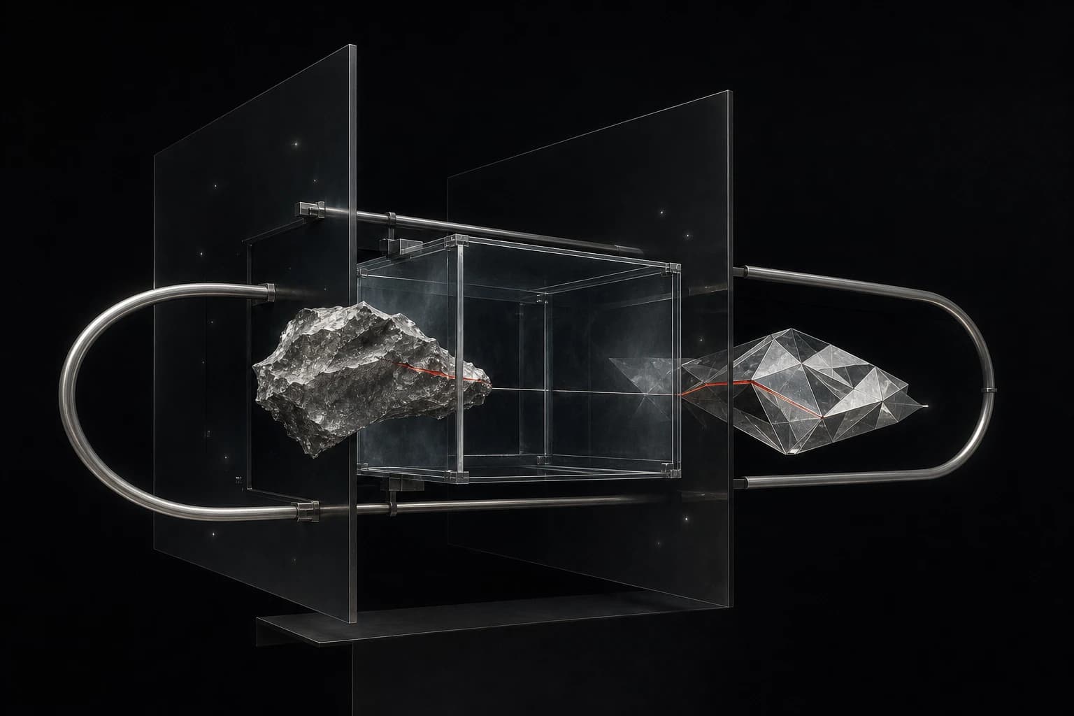 A silver structure passes through a translucent chamber and returns transformed along a luminous loop