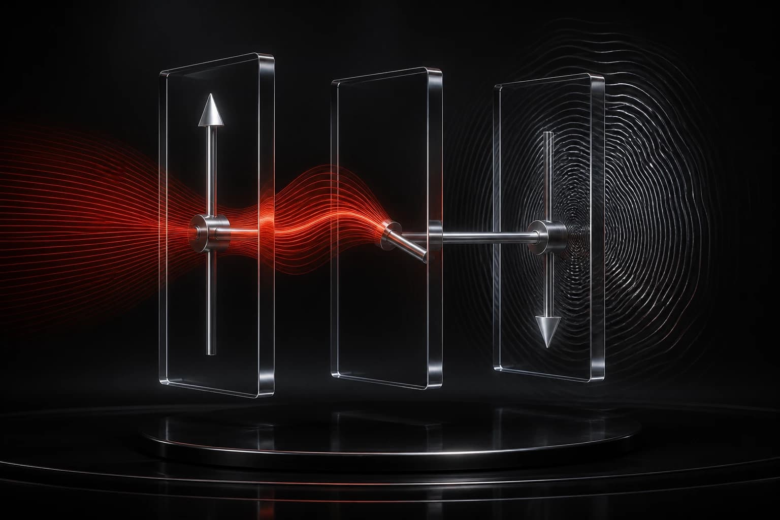 A red pressure wave turns a silver directional spine between black-glass panels, leaving a fingerprint-like ripple
