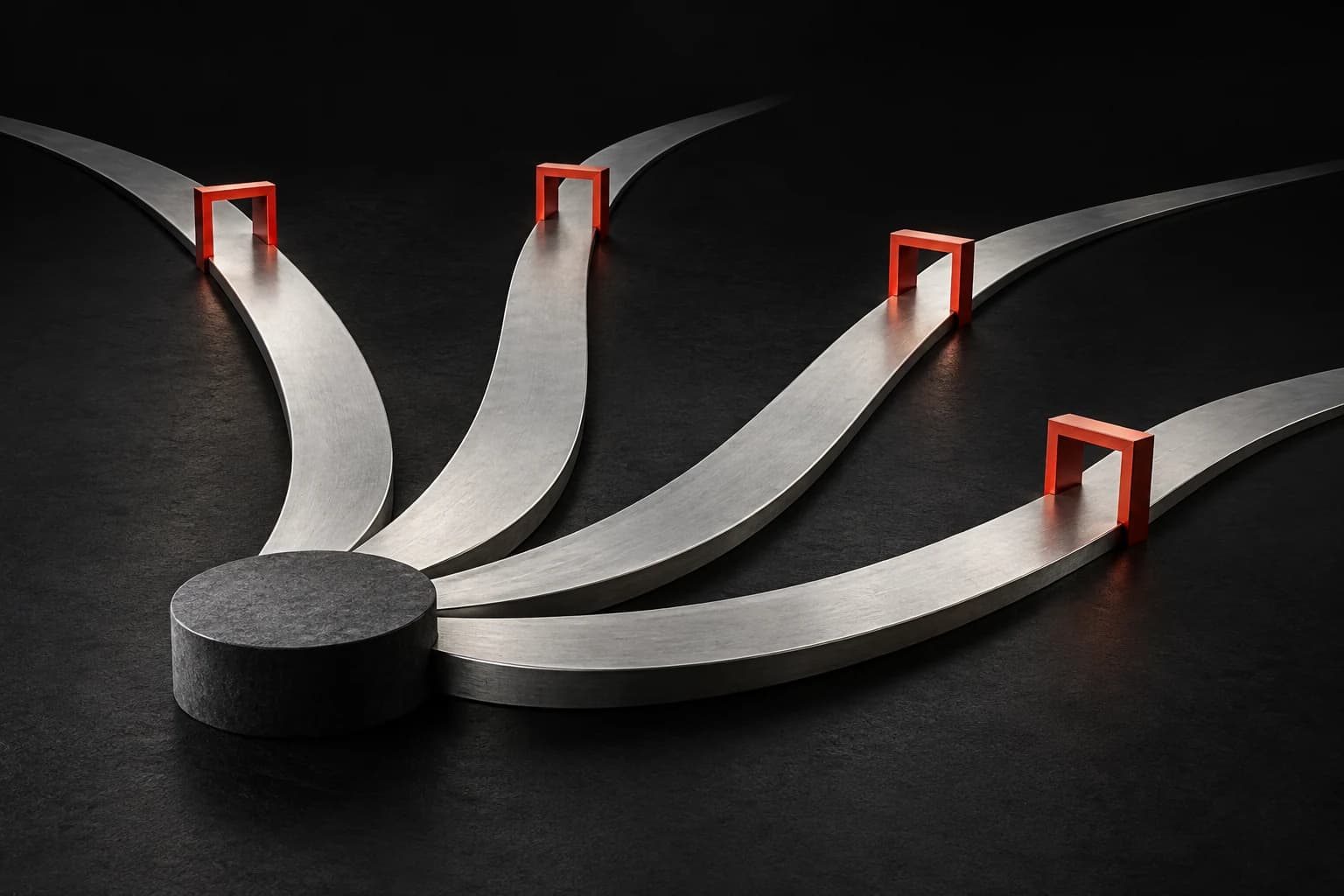Four silver pathways widen from a shared graphite core before each passes through a small separate red gate on a black field
