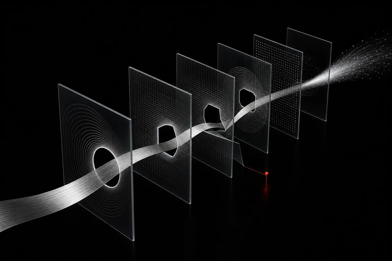 A silver agent path threads through transparent monitoring planes while a hidden fold passes beside a small red warning marker
