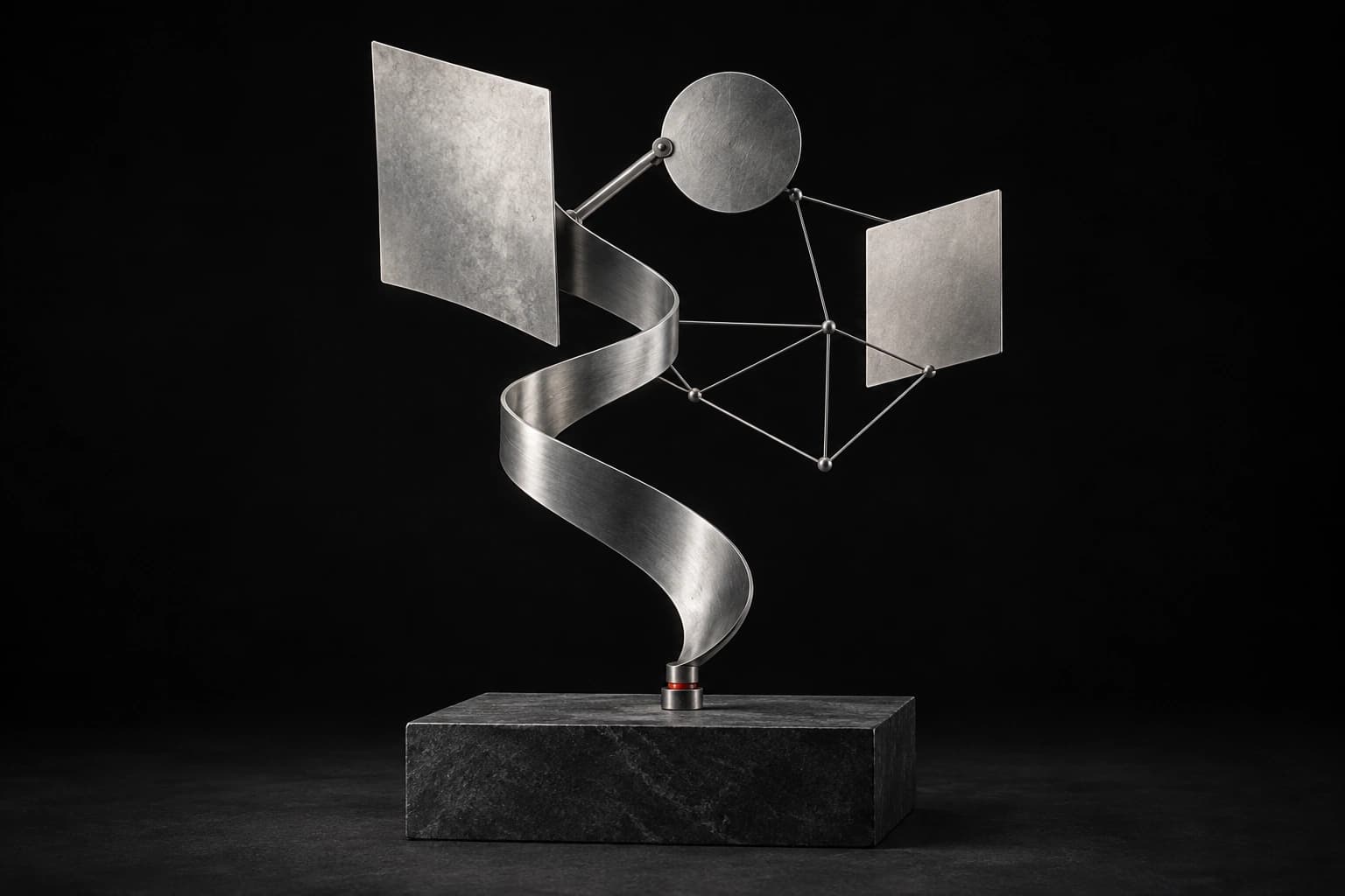 A silver ribbon unfolds into blank sculptural panels and a circular mechanism above a graphite base, with one small red joint