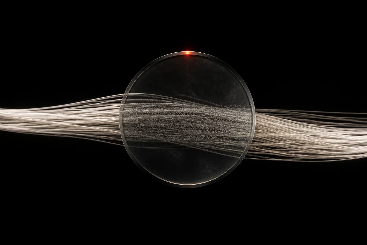 Fine silver strands pass through a dark circular inspection plane where a subtle texture becomes visible, with one small red point at the edge