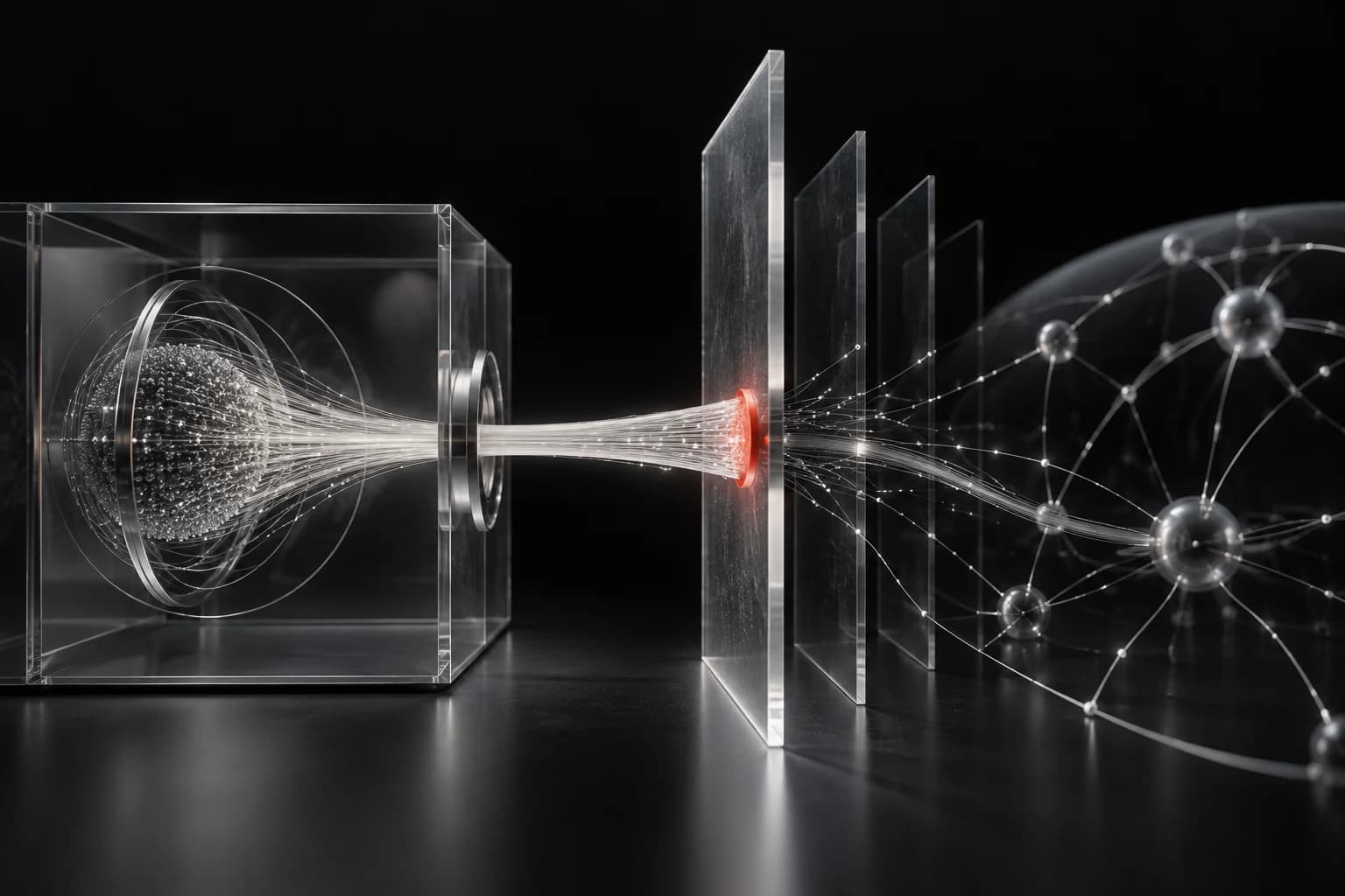 A brushed-silver signal path leaves a contained translucent test chamber and meets a transparent boundary plane with one small red stop marker