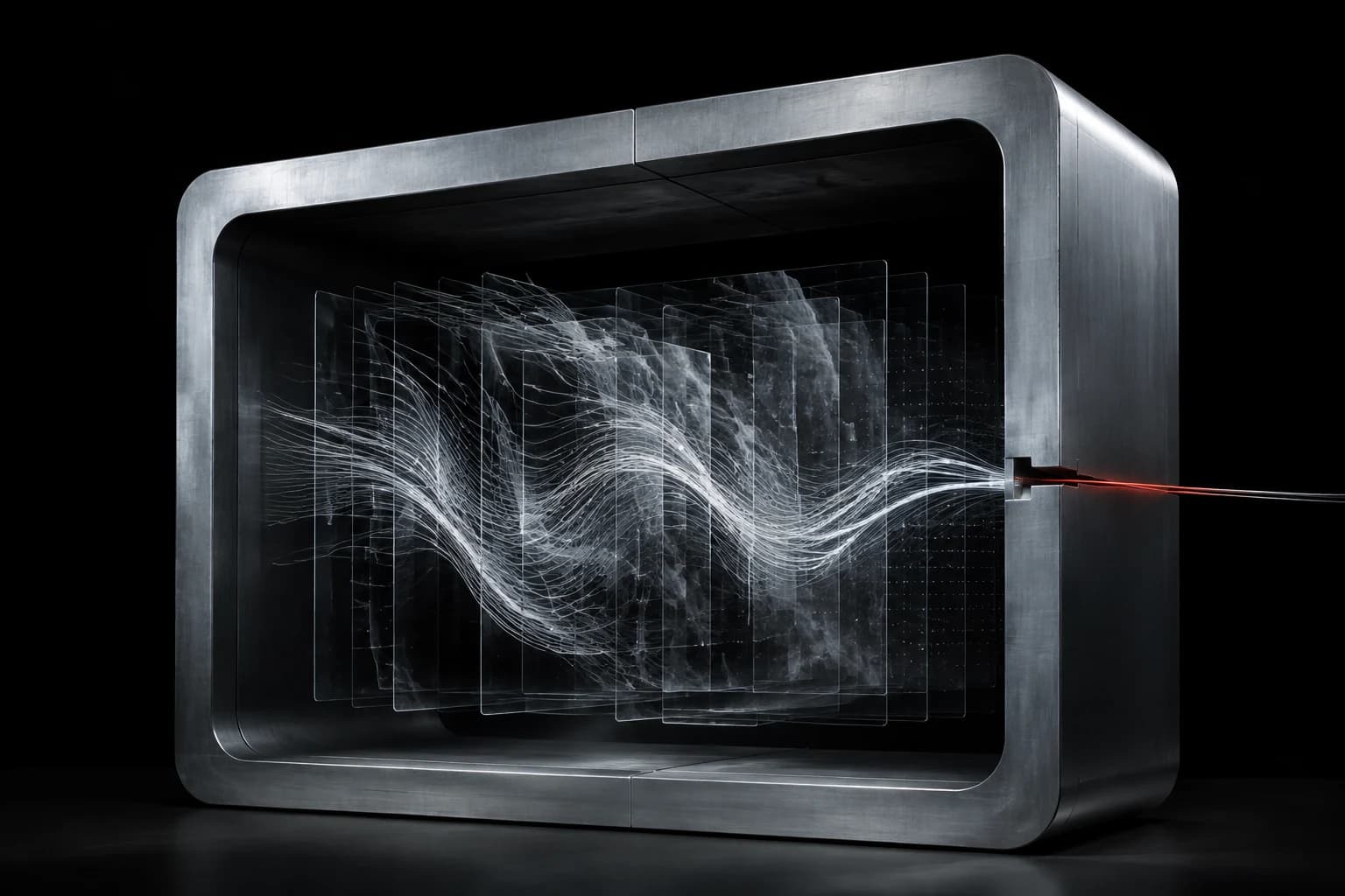 A dark graphite archive chamber holds suspended translucent data panes inside a silver outer frame, with one small red boundary line and no visible text