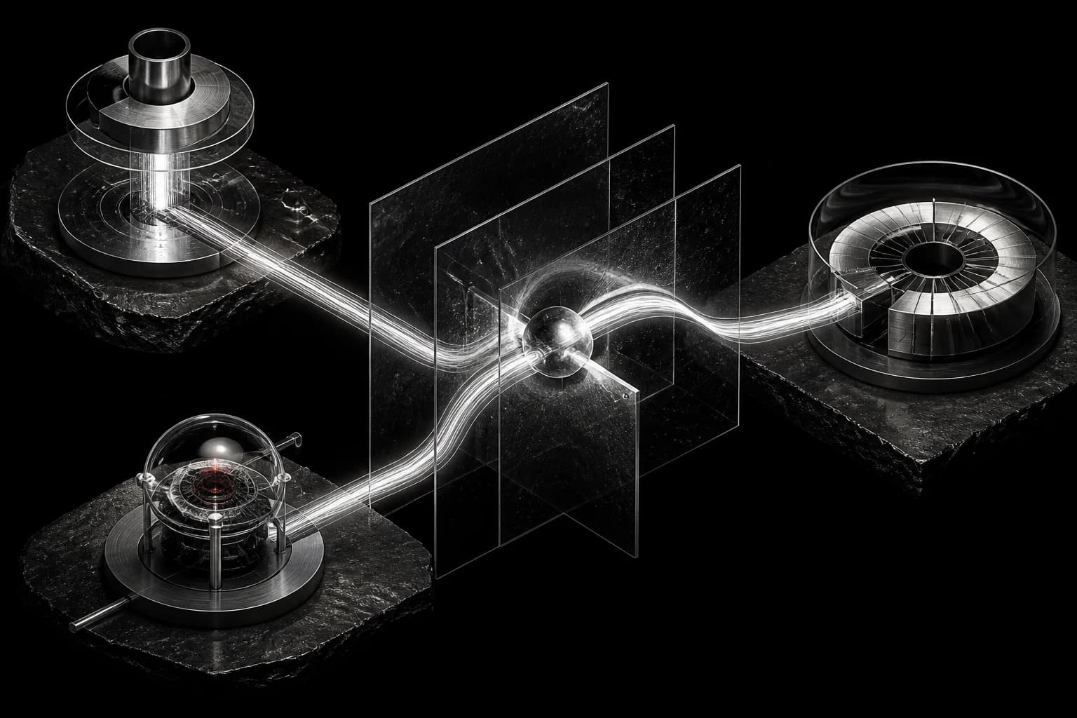 Three distinct silver-and-graphite mechanical forms are joined by a bright route that passes through transparent boundary planes on a black field