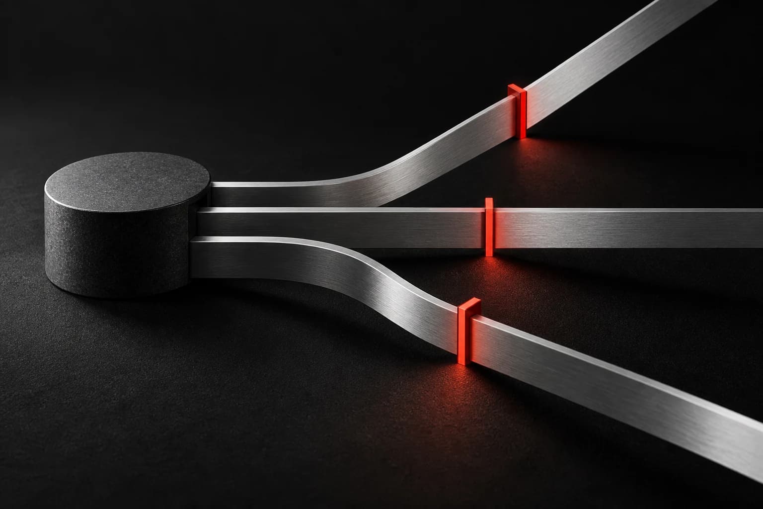 A small graphite control core directs three separate silver paths through individual red checkpoints across a dark field
