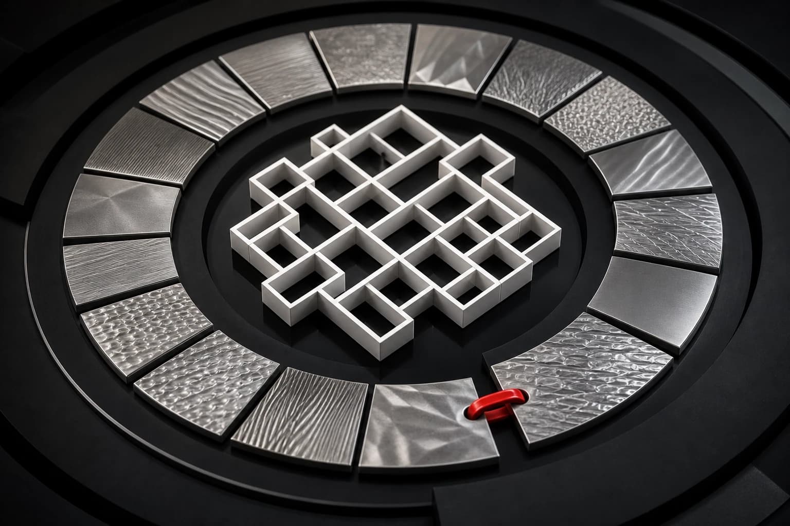 A ring of varied silver policy plates aligns around an open white modular lattice without a central lock, held by one small red clasp