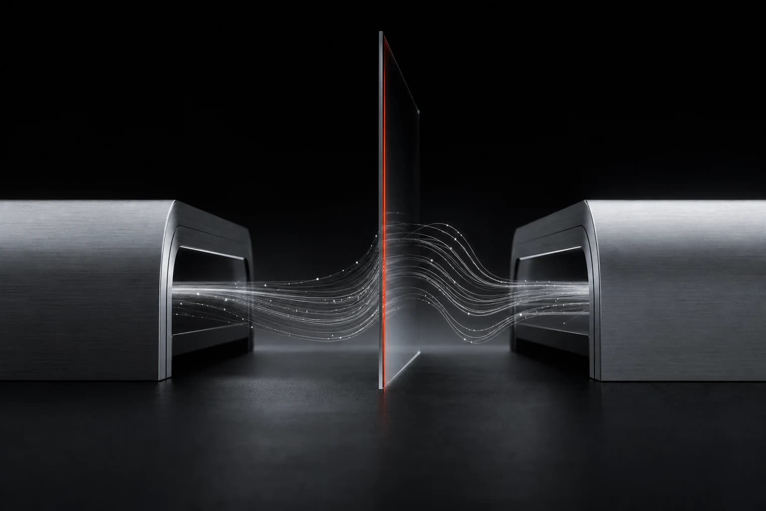 Two abstract silver device forms face a red-lit boundary while fine luminous threads bend around it