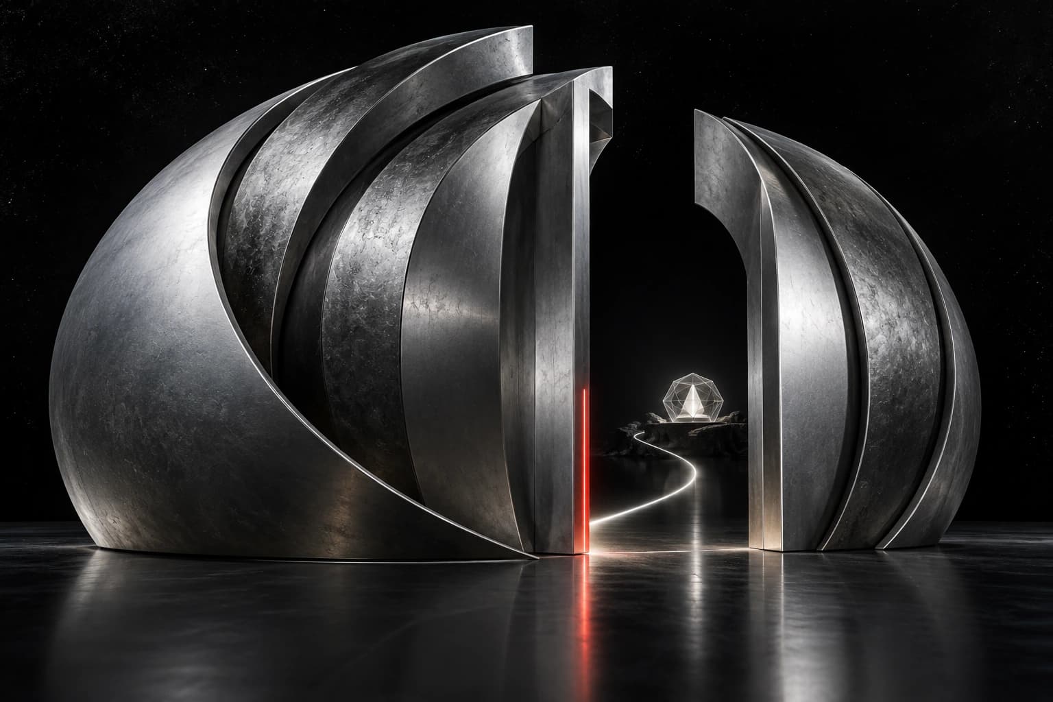 Nested brushed-silver shells form a narrow guarded passage in a black field, marked by one restrained red threshold