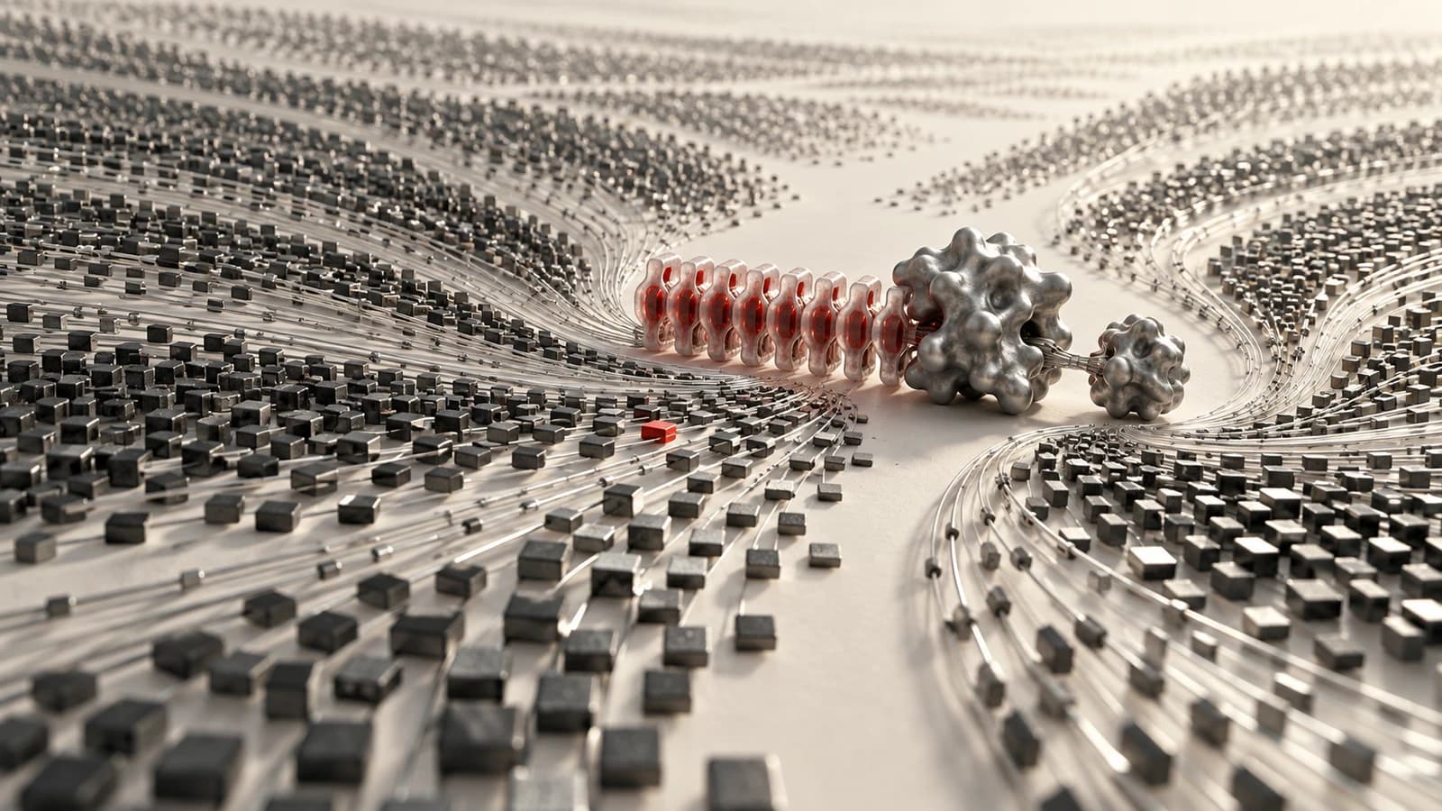 A vast field of graphite sequence tiles converges on a silver enzyme form beside a translucent red repeat array and a smaller partner node