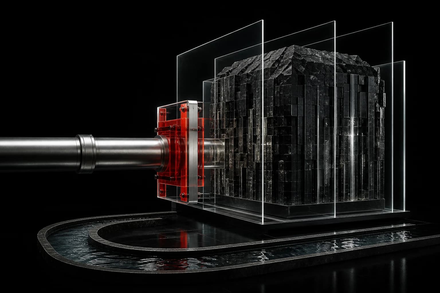 A dark crystalline infrastructure block sits inside transparent policy planes, with a silver power conduit passing through a red threshold and water circling below