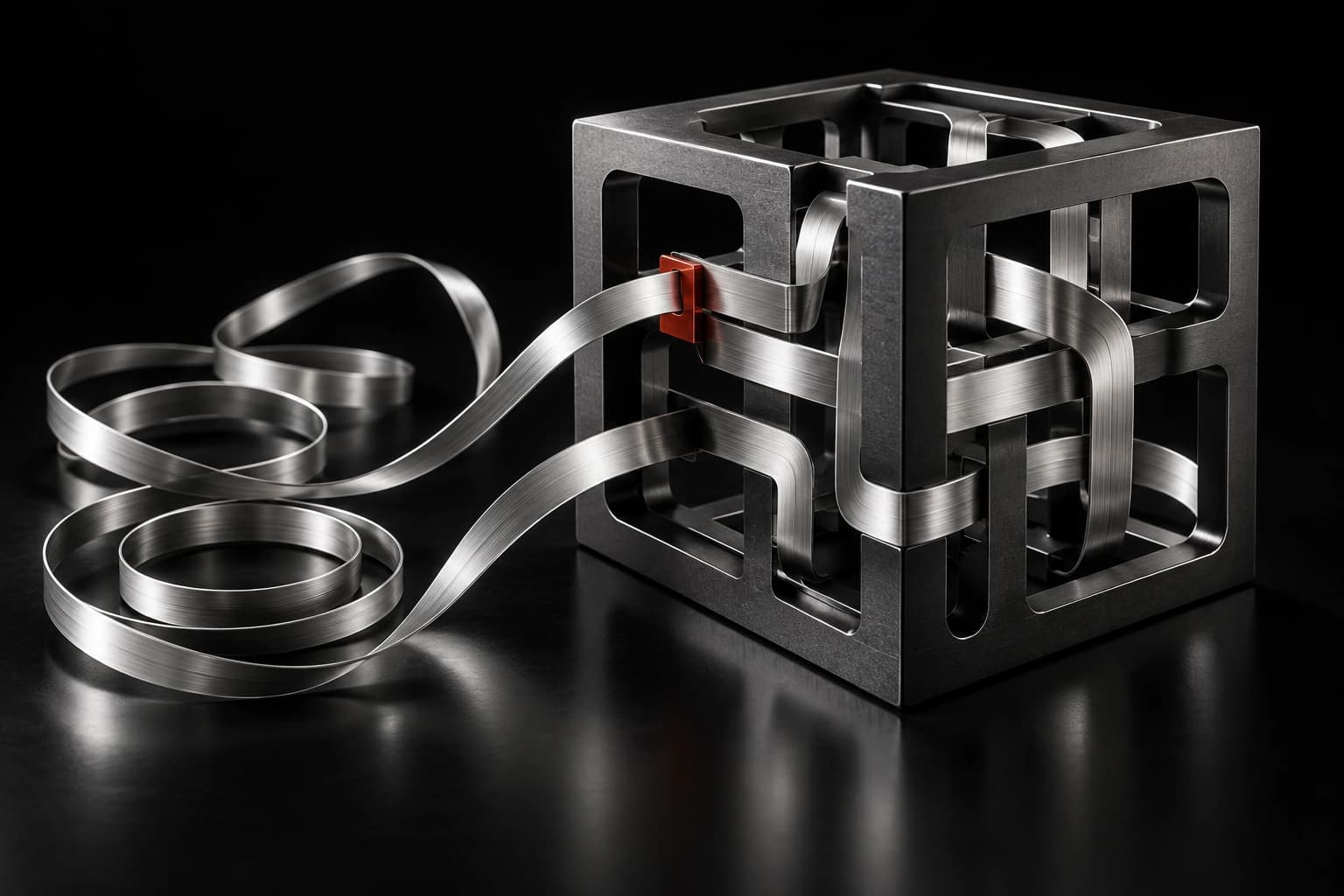 Loose silver strips approach a graphite frame; some remain coiled while others form an integrated weave, with a small red joining tab.