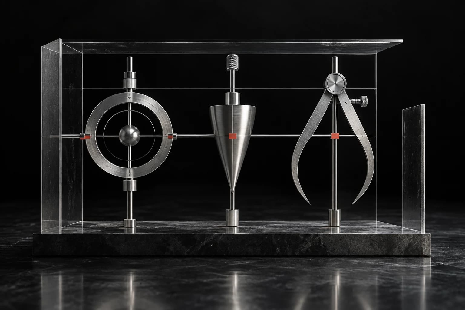 Three distinct brushed-silver measuring instruments are aligned inside an open transparent graphite framework with small restrained red alignment marks