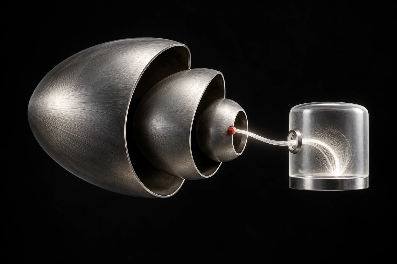Nested silver shells direct a fine white filament through an offset opening into a separate glass test chamber, marked by a red retaining pin.