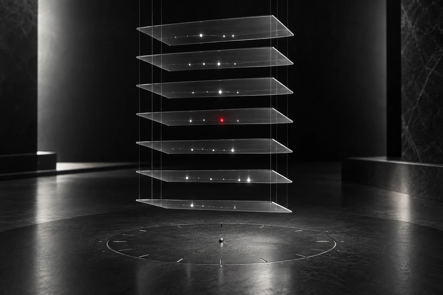 Seven translucent glass event planes hang above a dark circular time marker, with one small red point among white activity lights
