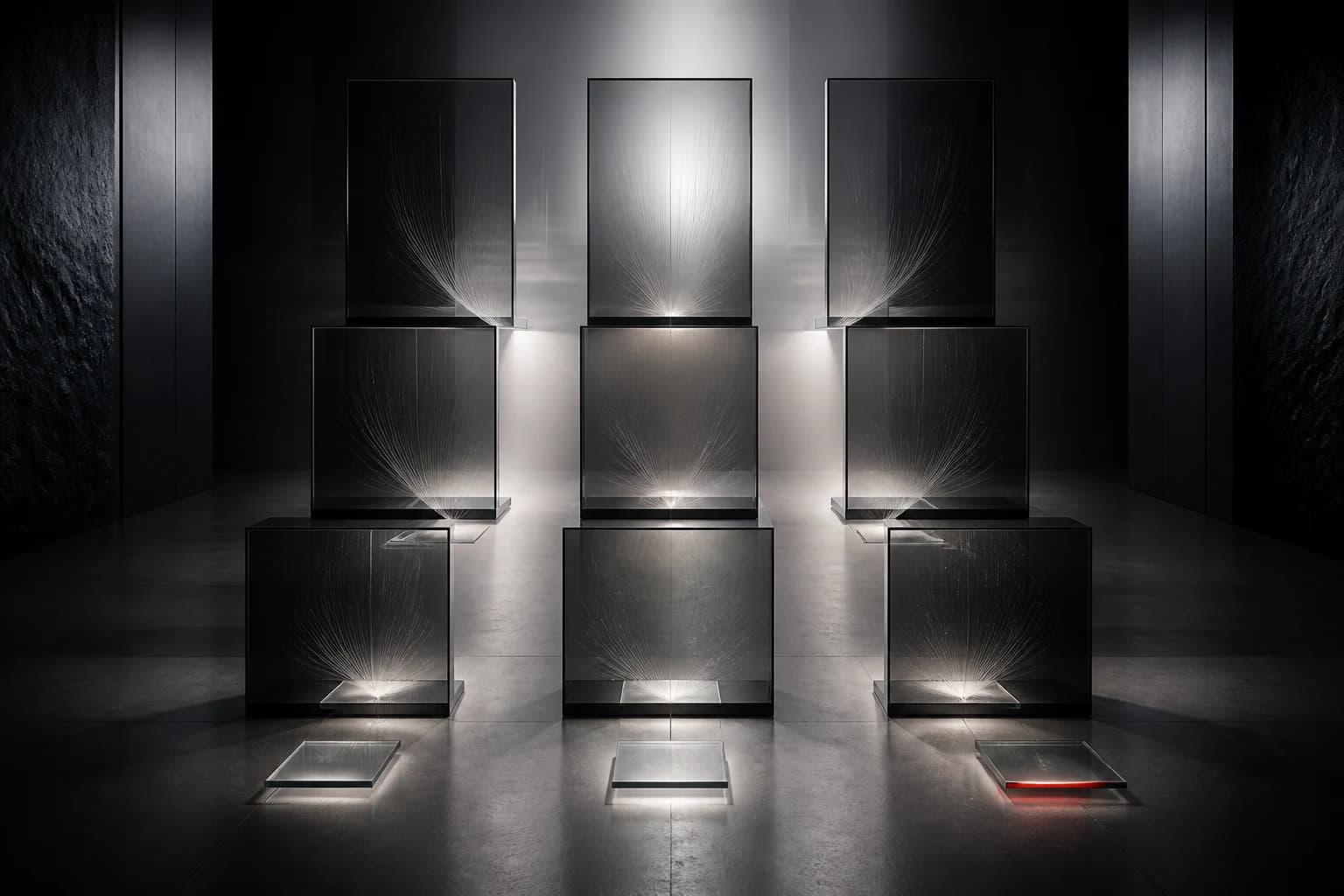 Nine black-glass viewing portals stand above separate silver tiles, with one tile edged in red