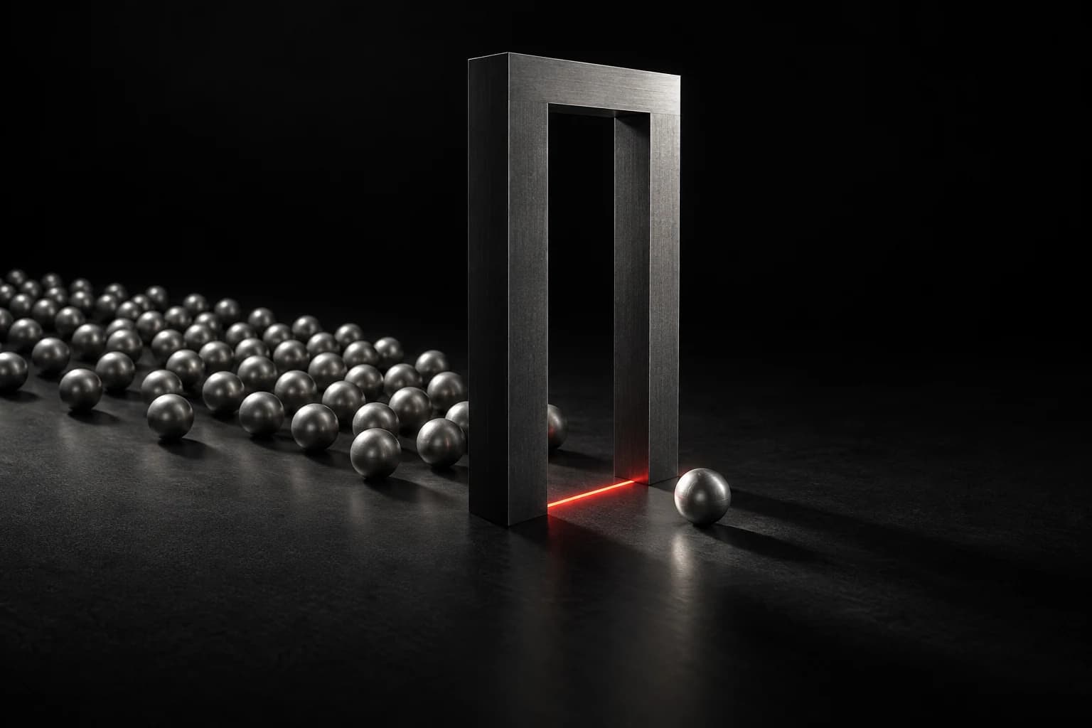 A tall graphite gateway holds forty-five small silver spheres behind a single narrow red threshold against a black field