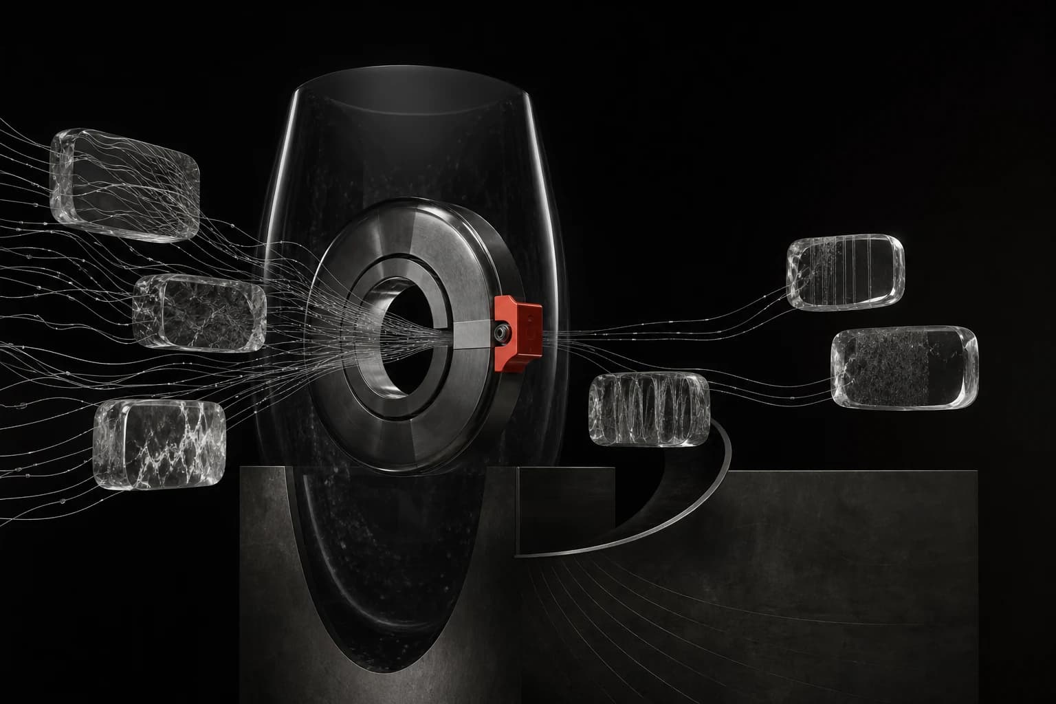 Translucent health-data fragments pass through a dark metal permission aperture controlled by one small red latch